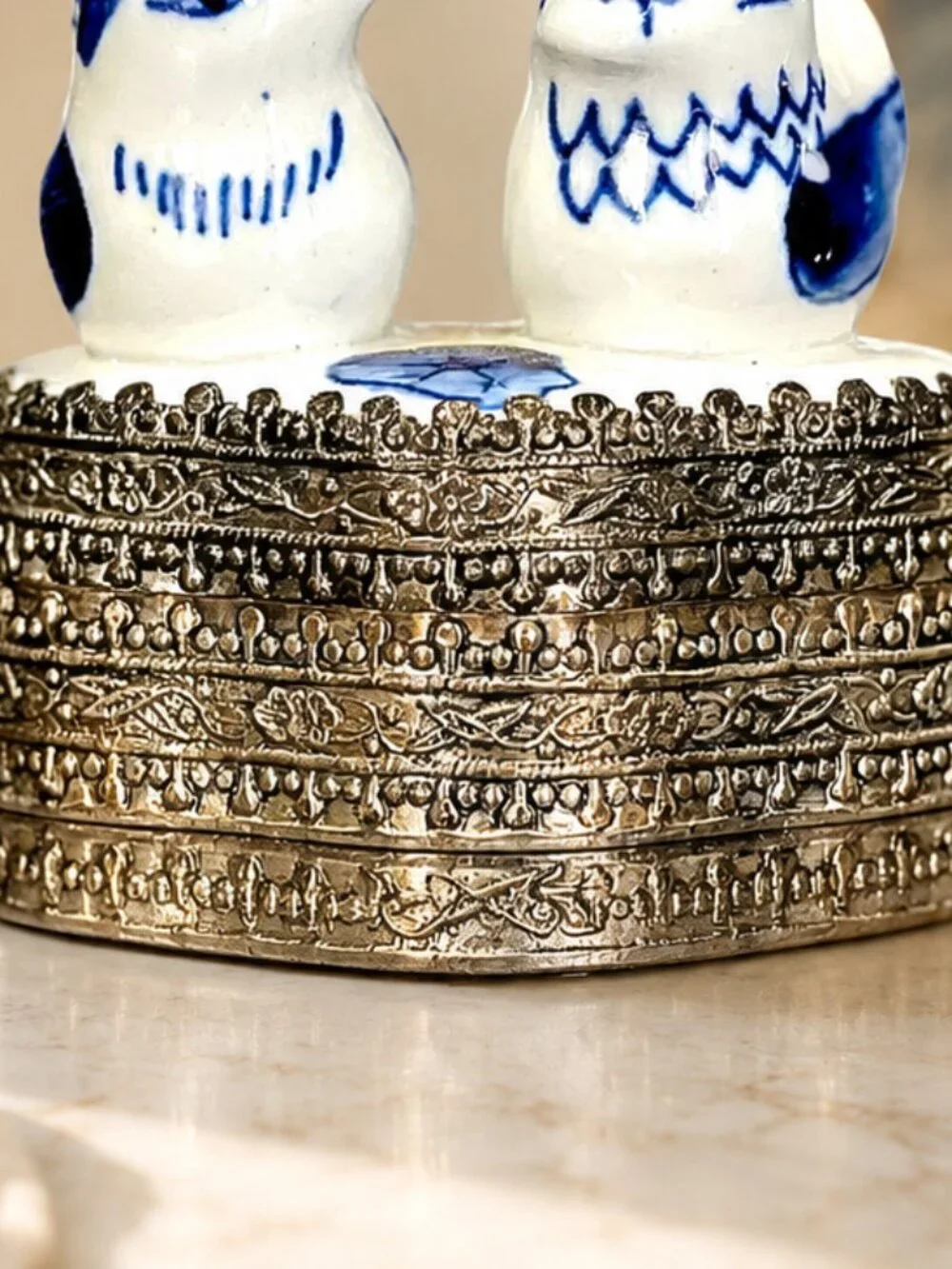 Vintage Blue & White Chinese Silver Plated Trinket Box With Hand-Painted Birds